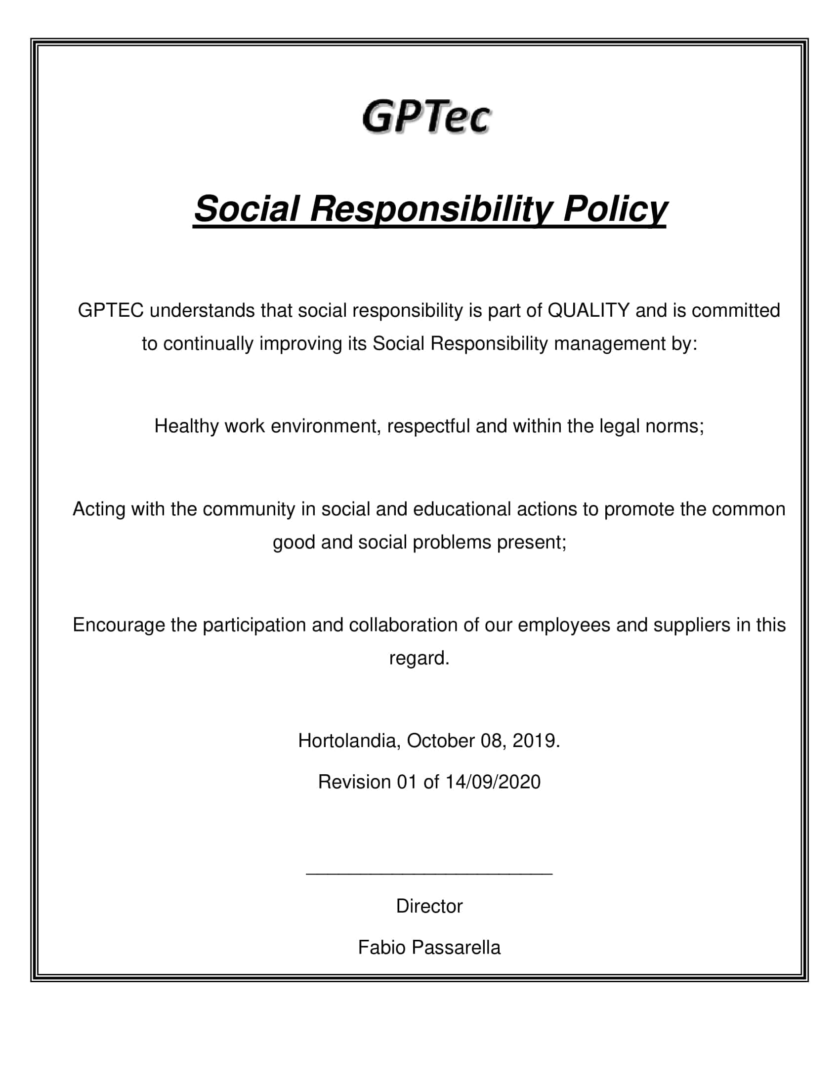 POLÍTICA DE RESPONSABILIDADE SOCIAL GPTEC